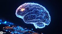Glowing digital brain hologram over electronic circuit board, representing artificial intelligence and neural network technology in deep blue tones.