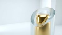 Glossy golden sphere encased in a transparent glass tube on a white background, luxury abstract concept with metallic sheen and modern design.