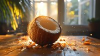 Fresh coconut cracked open on wooden surface with splashing milk and scattered pieces in warm sunlight through window, dramatic food photography.