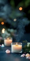 Burning aromatic candle with rising smoke, rose quartz crystals and tropical leaves on dark background with bokeh lights creating mystical atmosphere.