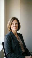 Mature woman with shoulder-length brown hair wearing dark blazer and gray blouse, seated indoors against neutral wall background. Corporate executive portrait.