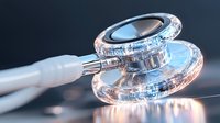 Glowing transparent stethoscope with blue light effects on dark background, medical equipment close-up view for healthcare and diagnostic concepts.
