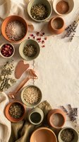 Overhead view of natural spa and wellness ingredients including dried herbs, salts, and botanicals arranged in ceramic bowls with rose quartz roller and essential oil for skincare routines.