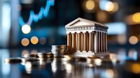 Small model of classical bank building with columns on stack of coins against blurred financial chart background with bokeh lights. Banking concept.