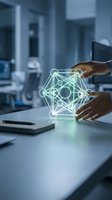 Hands of male professional holding glowing network hologram above desk in modern office, representing digital connectivity, data science, and technology innovation for business solutions.