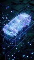 Futuristic holographic car projection on digital circuit board with glowing blue lights and tech interface elements for automotive innovation concepts.
