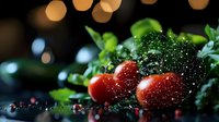 Fresh ripe strawberries with water drops and green leaves on dark background with bokeh lights, macro food photography with selective focus.