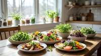 Fresh healthy salad bowls with mixed greens and vegetables on rustic wooden dining table in bright kitchen interior with natural window light.