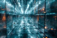 Futuristic corridor with reflective metallic surfaces and glowing lights creating depth perspective. Atmospheric sci-fi environment with blue tones and orange light spots.