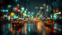 Blurred city street at night with colorful lights reflecting on wet pavement, creating atmospheric urban bokeh effect for modern design projects.