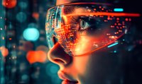 Futuristic profile view with digital overlay and glowing orange cybernetic elements against blurred city lights background showcasing advanced technology concept.
