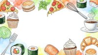 Watercolor food frame with sushi, pizza, coffee, pastries and kitchen utensils on white background for culinary design projects and restaurant menus.