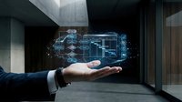 Businessman hand presenting holographic digital interface with futuristic data visualization and network connections in modern office environment.