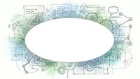 Technology innovation frame with circuit patterns and gears surrounding white oval space for text or logo design on isolated background.