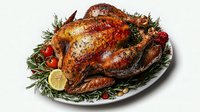 Roasted turkey garnished with fresh rosemary, citrus, cranberries and herbs on white oval plate, golden brown crispy skin, traditional holiday meal.