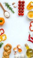 Fresh cooking ingredients arranged on white background with copy space for culinary recipes and meal preparation projects.