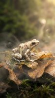 Small brown spotted frog sitting on autumn leaves in natural forest habitat with soft bokeh background for wildlife and nature projects.