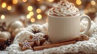 Warm mug of hot chocolate topped with whipped cream, cinnamon sticks, and gingerbread cookies surrounded by snow and festive bokeh lights for holiday beverage and seasonal marketing.