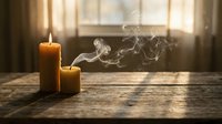 Burning candles with smoke wisps on wooden table by window with warm sunlight, creating peaceful atmosphere for meditation, relaxation, wellness, and home decor design projects.