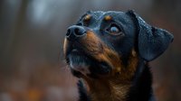 Close-up portrait of adorable Rottweiler puppy with expressive brown eyes and black tan coat looking up with curious expression against blurred background.