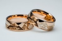 Elegant rose gold wedding rings with intricate floral engravings and geometric patterns, symbolizing eternal love and commitment for couples.