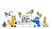Cartoon animal characters conducting business meeting with presentation board and charts for corporate teamwork and planning concepts.