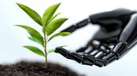 Black robotic hand reaching for young green plant sprout growing from soil against white background, representing artificial intelligence in sustainable development.