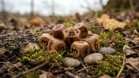 Wooden dice with numbers scattered on mossy forest ground among autumn leaves and stones for tabletop gaming adventures.