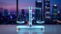 Scales of justice with glowing neon effect against blurred city skyline at dusk, symbolizing law, legal services, fairness, and balance in business and corporate environments.