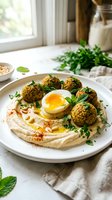 Fresh falafel with soft-boiled egg served on creamy hummus garnished with herbs and pine nuts on white plate in bright kitchen setting.