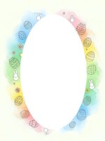 Easter egg oval frame with watercolor rainbow border and bunny silhouettes on white background for spring holiday greeting cards and festive designs.