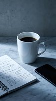 White coffee mug with black coffee on marble surface next to handwritten notebook and smartphone for morning productivity and business planning.
