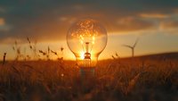 Light bulb glowing in wheat field at sunset with wind turbines in background, symbolizing renewable energy and sustainable power innovation.