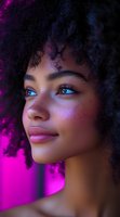 Young African American woman with natural curly hair in profile against vibrant purple background, featuring glowing skin and subtle makeup for beauty and cosmetic advertising.