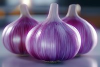 Fresh whole purple garlic bulbs arranged in soft focus with natural lighting creating depth and texture, highlighting layered purple skin and organic produce appeal.