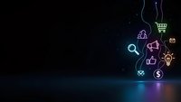 Digital marketing neon icons glowing on dark background with colorful light effects for business presentations and web design projects.