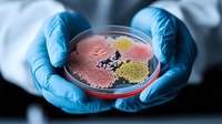 Bacterial colonies growing in petri dish held by scientist wearing blue protective gloves. Close up view of microorganism culture for medical research.