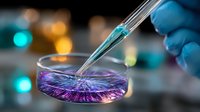 Scientist in blue gloves pipetting purple liquid into petri dish creating dynamic crystallization pattern with colorful bokeh background in laboratory setting.