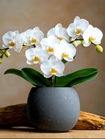 White phalaenopsis orchid flowers blooming in modern gray speckled ceramic pot against neutral background, with green leaves and unopened buds.