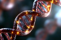 Glowing DNA double helix structure in dark red and gold tones against blurred background shows genetic research and biotechnology advancement in medicine.