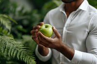 Man in white shirt holding green apple in lush tropical garden setting, representing healthy lifestyle and natural wellness choices.