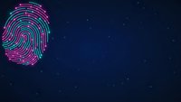 Digital fingerprint with neon pink and cyan lines on dark blue starry background for cybersecurity and biometric authentication technology concepts.