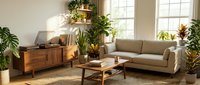 Modern living room interior with beige sofa, wooden furniture and green plants in natural sunlight for home decor and lifestyle design.