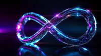 Glowing infinity symbol with neon blue and pink light trails against dark background, sparkling particles and reflective surface create futuristic atmosphere.