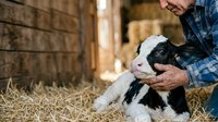 Senior farmer in blue plaid shirt holding young black and white calf in rustic barn with hay. Agricultural livestock care and dairy farming concept.