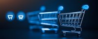 Glowing blue shopping carts in row on dark background represent digital commerce and online retail business concept for e-commerce platforms.