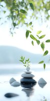 Zen stones balanced in water with green leaves and small white flowers, creating peaceful spa atmosphere against misty mountain background. Wellness concept.