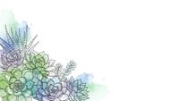 Watercolor succulent plants corner arrangement with purple and green tones on white background for botanical design projects and natural decor.