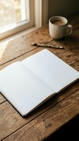 Open notebook with blank pages on rustic wooden table beside coffee cup and pen near window with warm natural light for writing and planning.