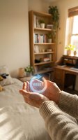 Hands holding glowing reset button hologram in cozy home office workspace for fresh start and new beginning concepts.